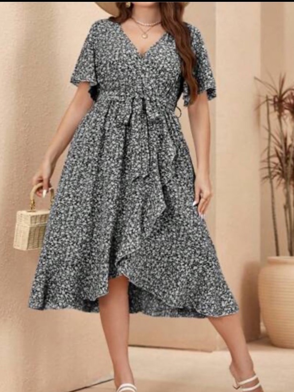 SHEIN Calvaya Plus Ditsy Floral Flutter Sleeve Ruffle Hem Belted Dress Women 1XL
